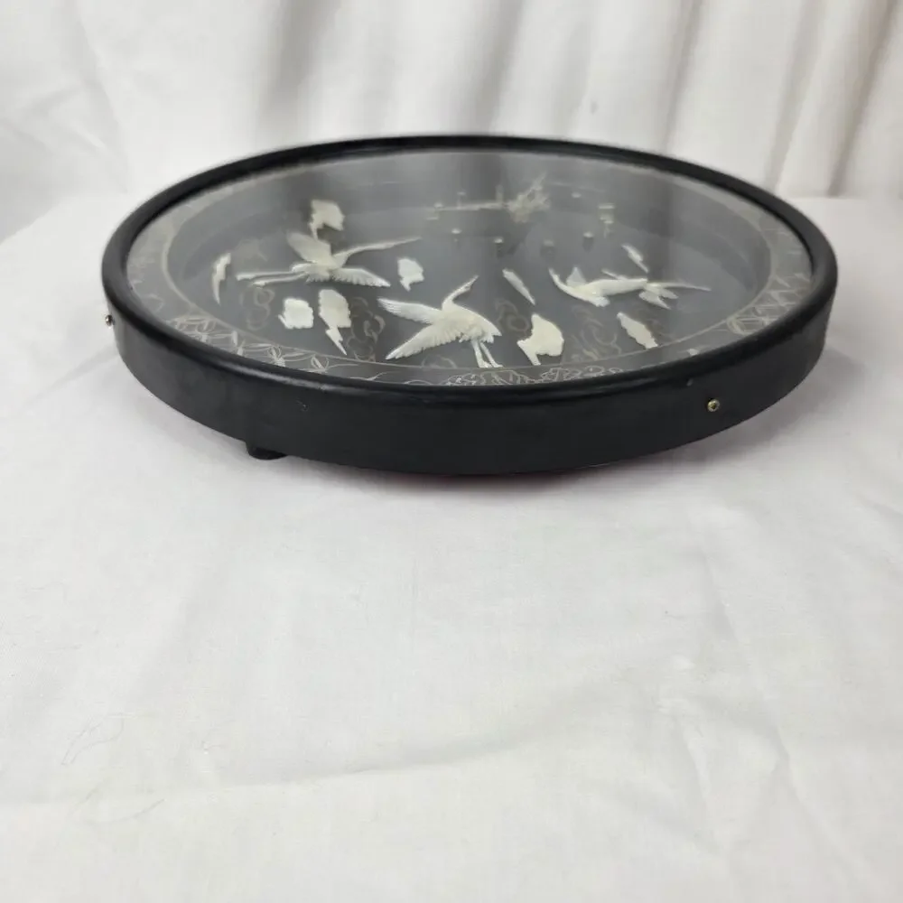 Vintage Asian Mother of Pearl Bird Lacquer Wall Clock 12” Japanese Crane Black